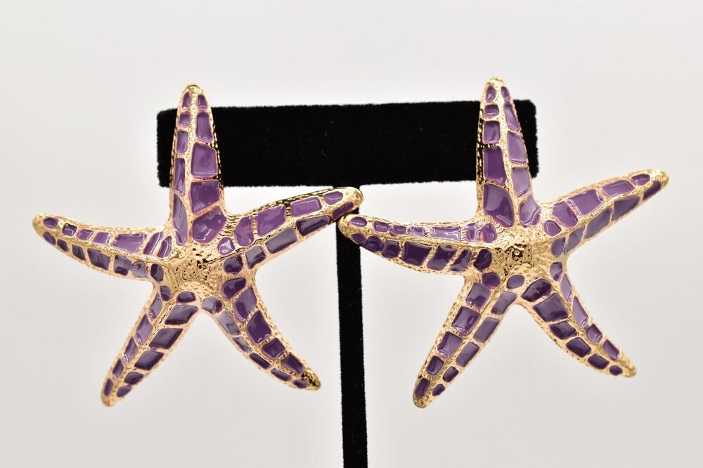 Large Statement Starfish Earrings Beach Purple Gold Enamel Chunky Big Y2K BinBF